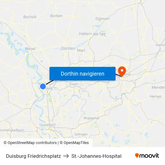Duisburg Friedrichsplatz to St.-Johannes-Hospital map