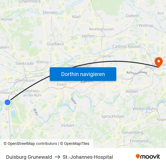 Duisburg Grunewald to St.-Johannes-Hospital map
