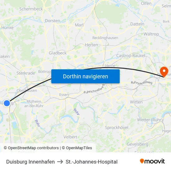 Duisburg Innenhafen to St.-Johannes-Hospital map