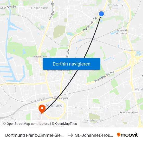 Dortmund Franz-Zimmer-Siedlung to St.-Johannes-Hospital map