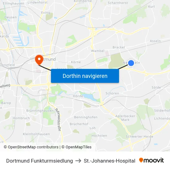 Dortmund Funkturmsiedlung to St.-Johannes-Hospital map
