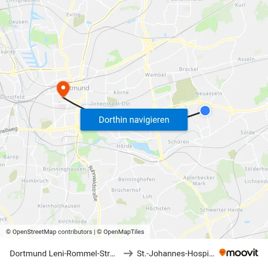 Dortmund Leni-Rommel-Straße to St.-Johannes-Hospital map