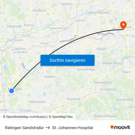 Ratingen Sandstraße to St.-Johannes-Hospital map