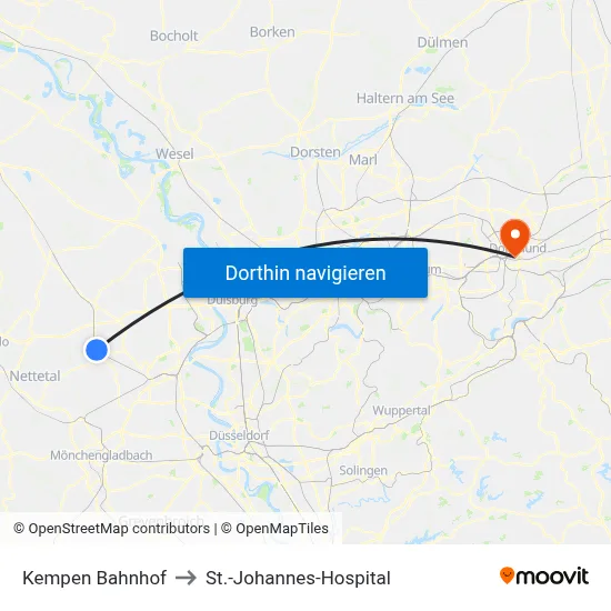 Kempen Bahnhof to St.-Johannes-Hospital map