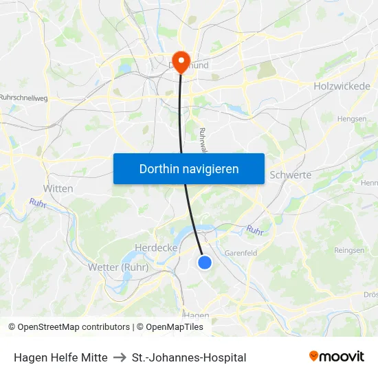 Hagen Helfe Mitte to St.-Johannes-Hospital map