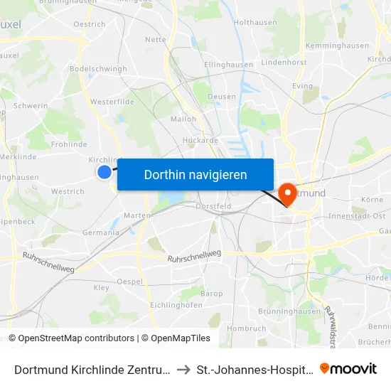 Dortmund Kirchlinde Zentrum to St.-Johannes-Hospital map