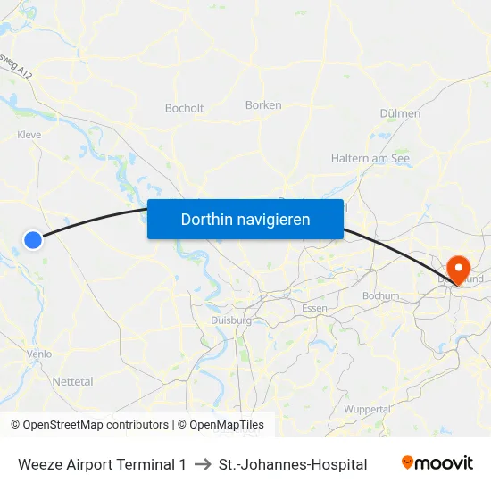 Weeze Airport Terminal 1 to St.-Johannes-Hospital map