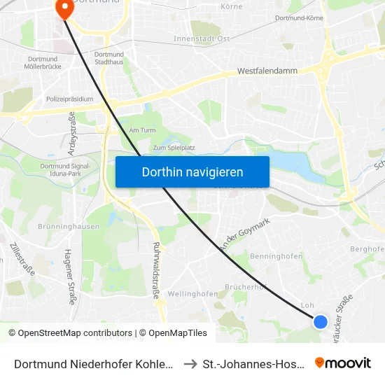 Dortmund Niederhofer Kohlenweg to St.-Johannes-Hospital map