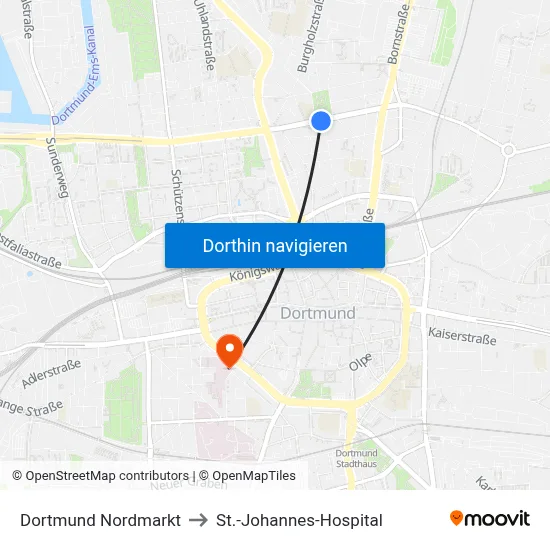 Dortmund Nordmarkt to St.-Johannes-Hospital map