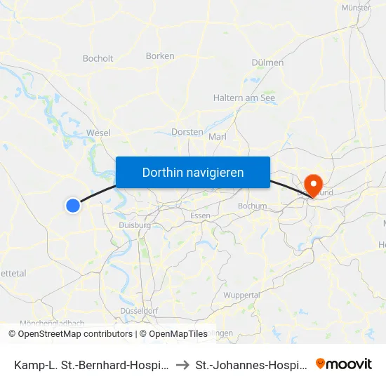 Kamp-L. St.-Bernhard-Hospital to St.-Johannes-Hospital map