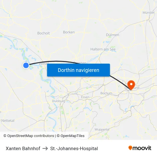 Xanten Bahnhof to St.-Johannes-Hospital map
