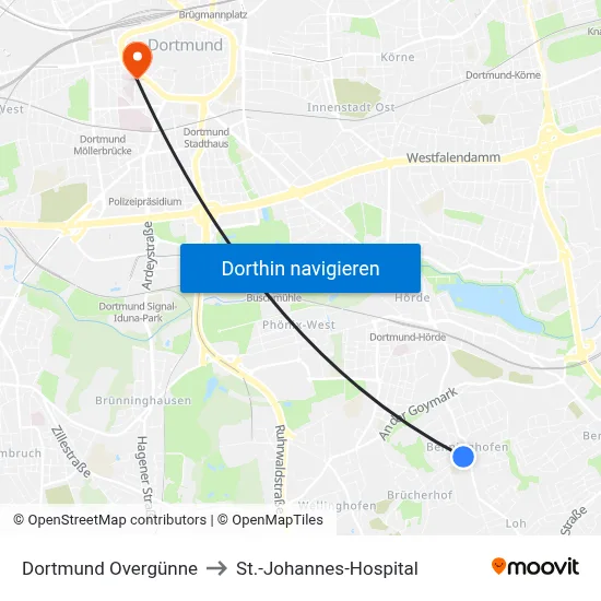 Dortmund Overgünne to St.-Johannes-Hospital map