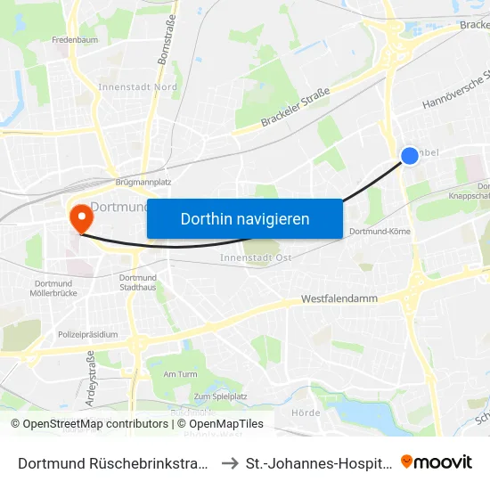 Dortmund Rüschebrinkstraße to St.-Johannes-Hospital map