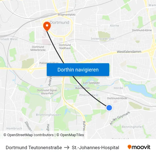 Dortmund Teutonenstraße to St.-Johannes-Hospital map