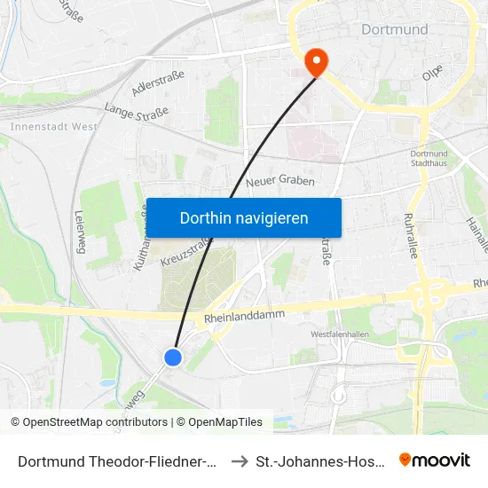 Dortmund Theodor-Fliedner-Heim to St.-Johannes-Hospital map