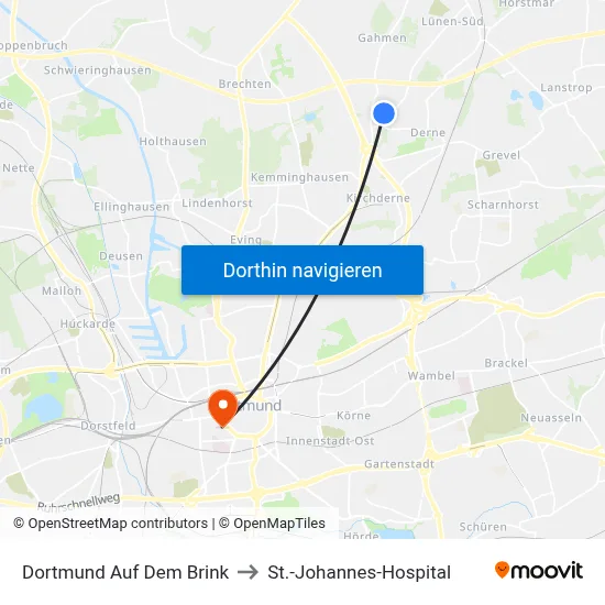 Dortmund Auf Dem Brink to St.-Johannes-Hospital map