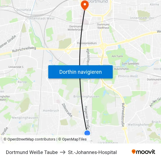 Dortmund Weiße Taube to St.-Johannes-Hospital map