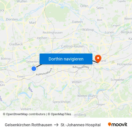 Gelsenkirchen Rotthausen to St.-Johannes-Hospital map