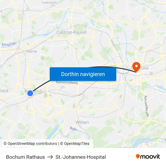 Bochum Rathaus to St.-Johannes-Hospital map