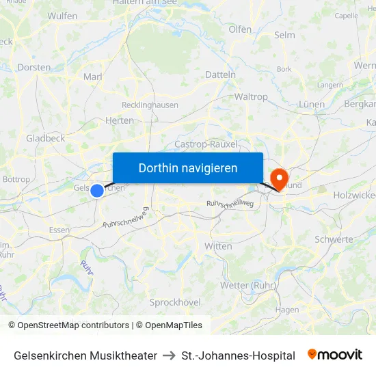 Gelsenkirchen Musiktheater to St.-Johannes-Hospital map