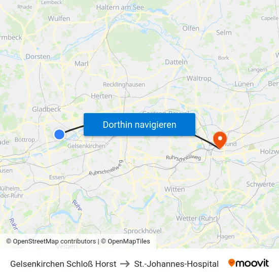 Gelsenkirchen Schloß Horst to St.-Johannes-Hospital map