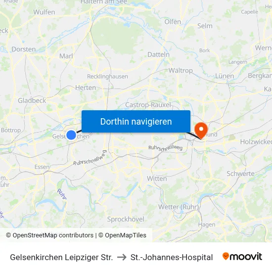 Gelsenkirchen Leipziger Str. to St.-Johannes-Hospital map