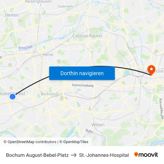 Bochum August-Bebel-Platz to St.-Johannes-Hospital map