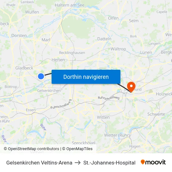 Gelsenkirchen Veltins-Arena to St.-Johannes-Hospital map