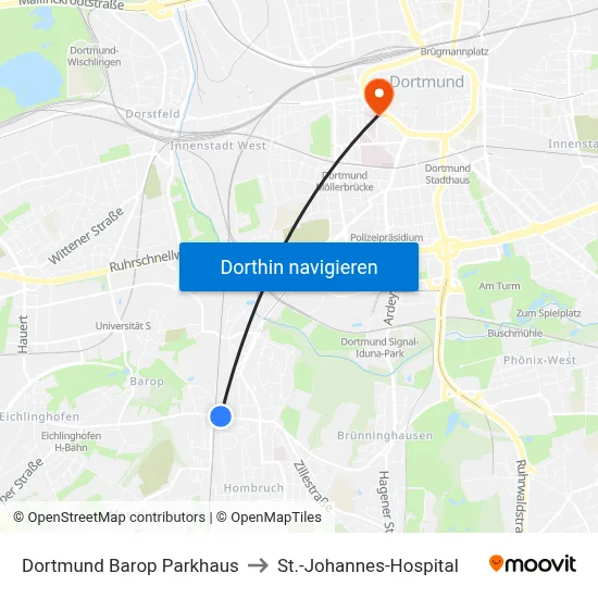 Dortmund Barop Parkhaus to St.-Johannes-Hospital map