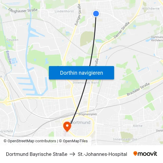 Dortmund Bayrische Straße to St.-Johannes-Hospital map