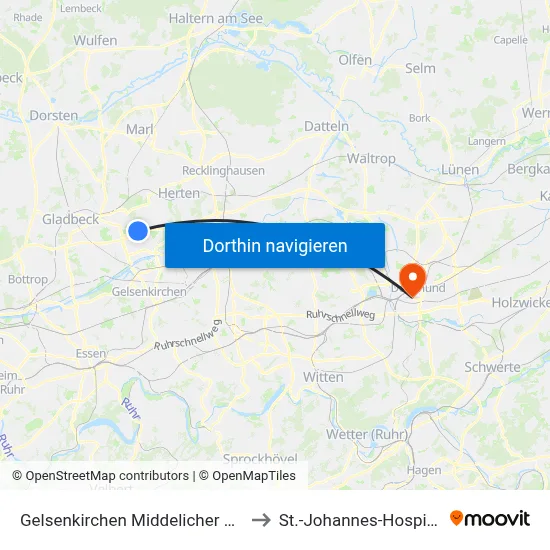 Gelsenkirchen Middelicher Str. to St.-Johannes-Hospital map