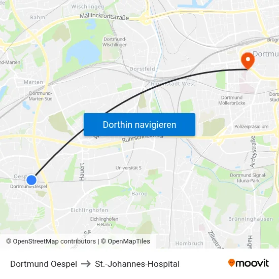 Dortmund Oespel to St.-Johannes-Hospital map