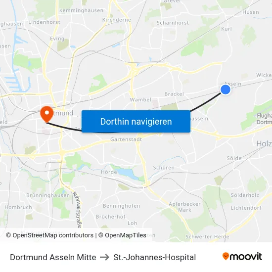 Dortmund Asseln Mitte to St.-Johannes-Hospital map