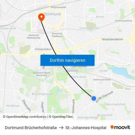Dortmund Brücherhofstraße to St.-Johannes-Hospital map