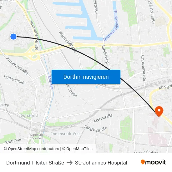 Dortmund Tilsiter Straße to St.-Johannes-Hospital map