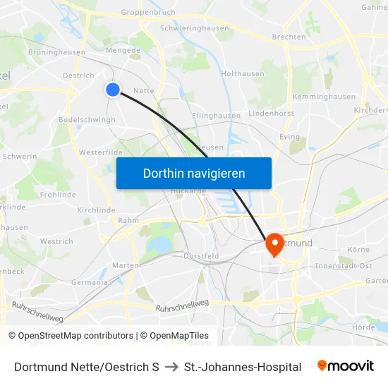 Dortmund Nette/Oestrich S to St.-Johannes-Hospital map