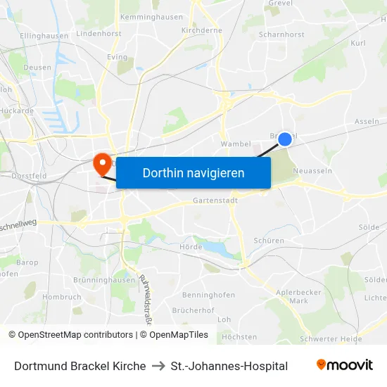 Dortmund Brackel Kirche to St.-Johannes-Hospital map
