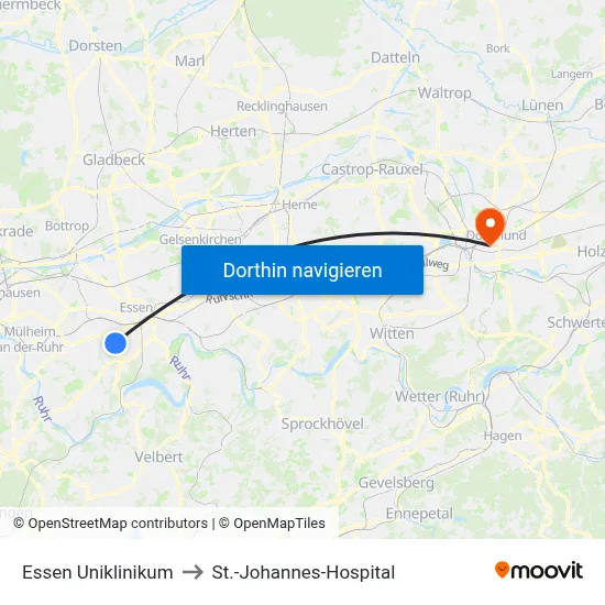 Essen Uniklinikum to St.-Johannes-Hospital map