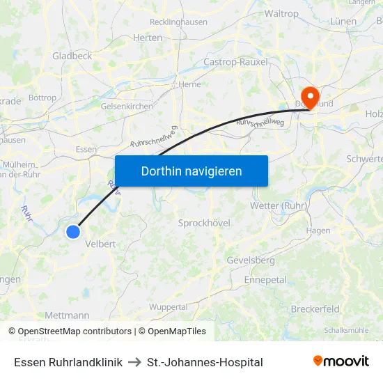 Essen Ruhrlandklinik to St.-Johannes-Hospital map