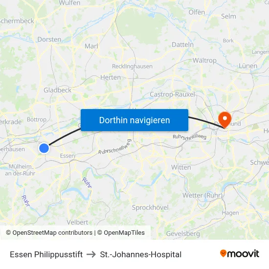 Essen Philippusstift to St.-Johannes-Hospital map