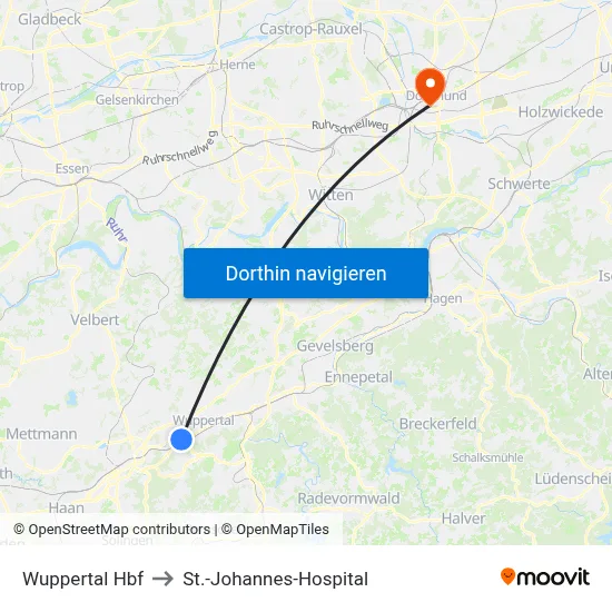 Wuppertal Hbf to St.-Johannes-Hospital map