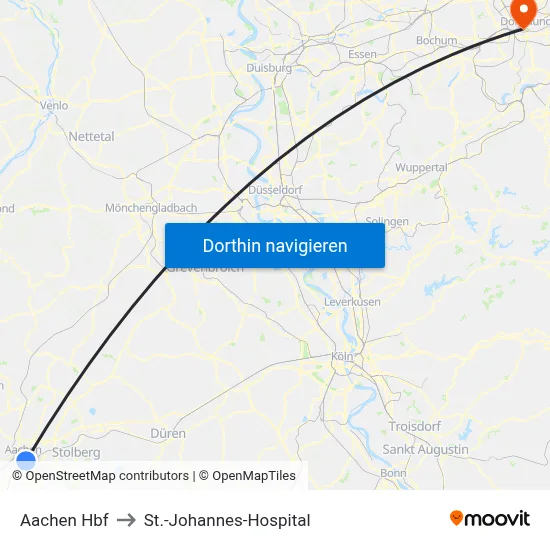 Aachen Hbf to St.-Johannes-Hospital map