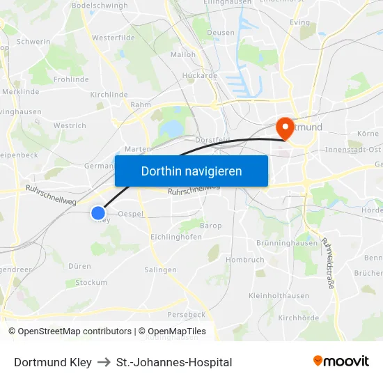 Dortmund Kley to St.-Johannes-Hospital map