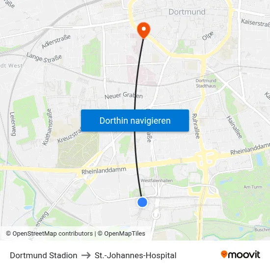 Dortmund Stadion to St.-Johannes-Hospital map