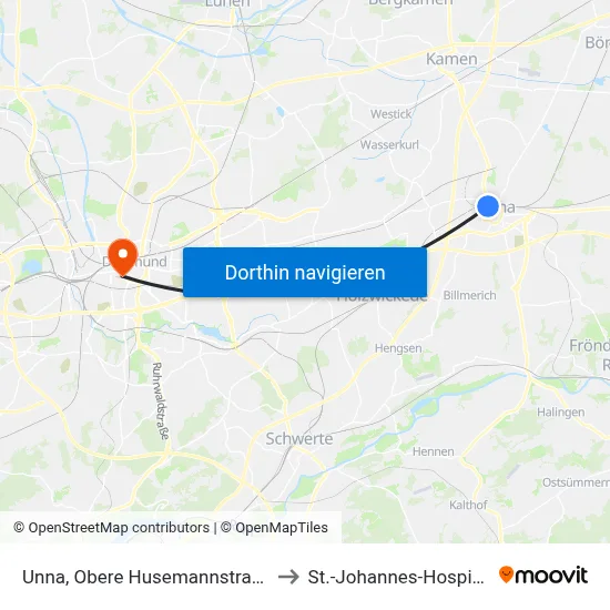 Unna, Obere Husemannstraße to St.-Johannes-Hospital map