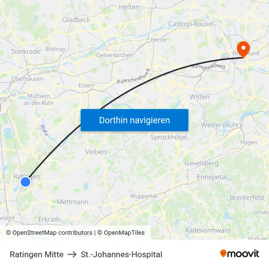 Ratingen Mitte to St.-Johannes-Hospital map