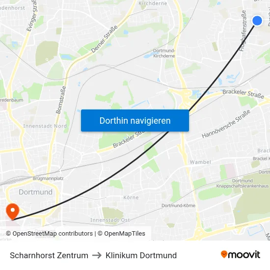 Scharnhorst Zentrum to Klinikum Dortmund map
