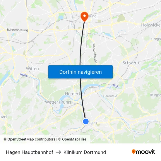 Hagen Hauptbahnhof to Klinikum Dortmund map