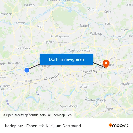 Karlsplatz - Essen to Klinikum Dortmund map