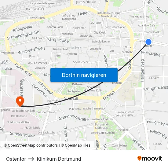 Ostentor to Klinikum Dortmund map